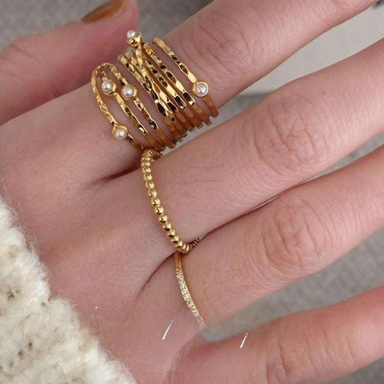 Solid Gold Round Bead Stackable Ring with Zircon