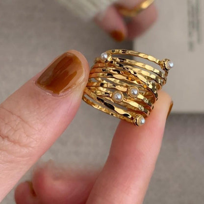Solid Gold Round Bead Stackable Ring with Zircon