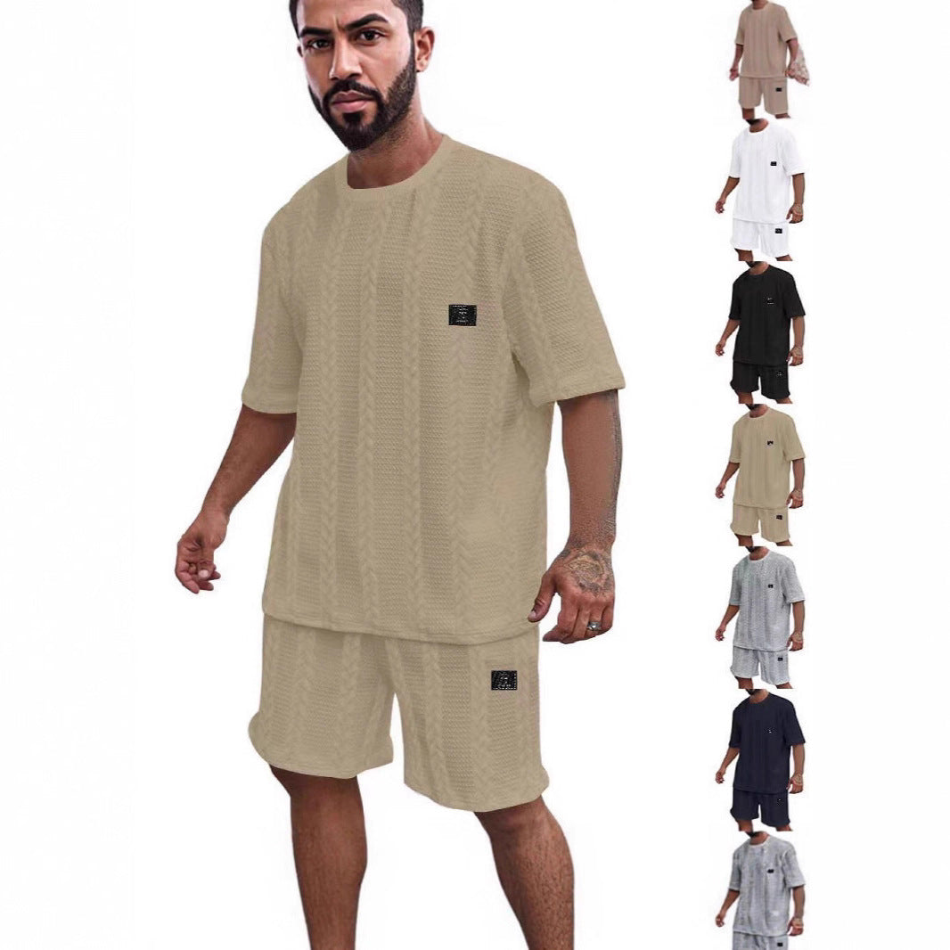 Solid jacquard casual round-neck pullover short-sleeved and short-shorts