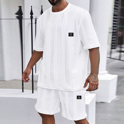 Solid jacquard casual round-neck pullover short-sleeved and short-shorts