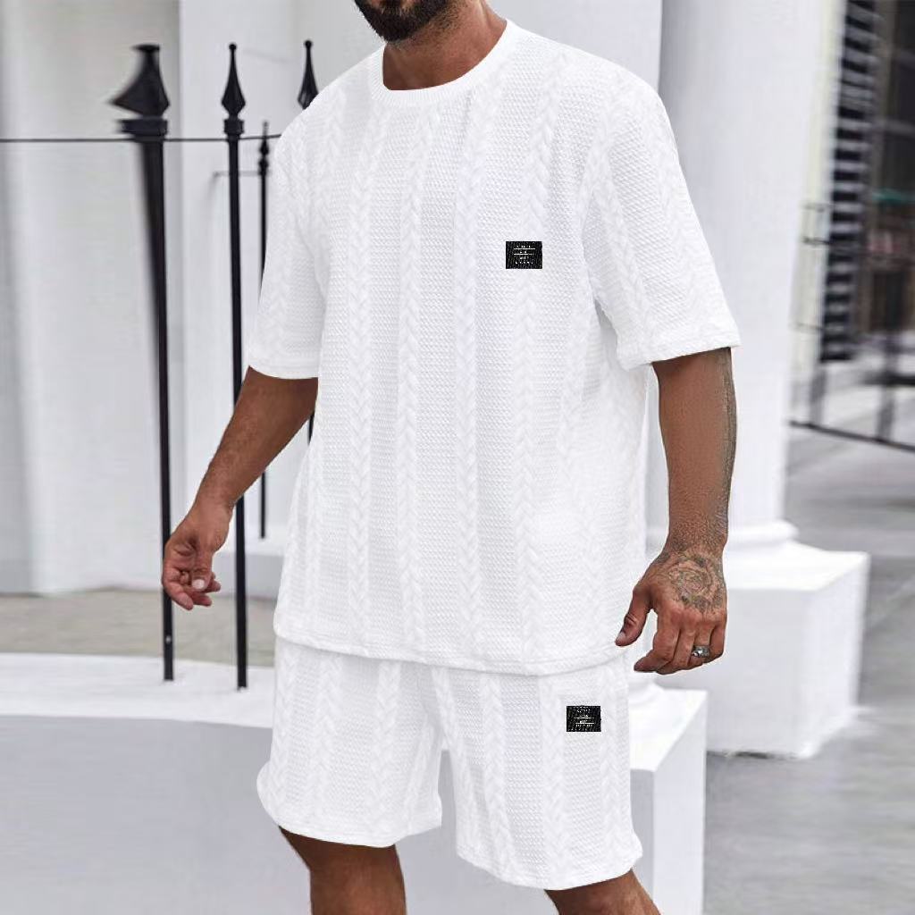 Solid jacquard casual round-neck pullover short-sleeved and short-shorts