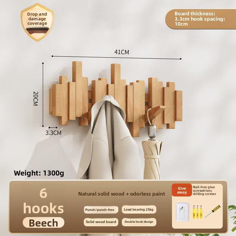 Solid Wood Adhesive Door Hook Rack for Hats and Coats