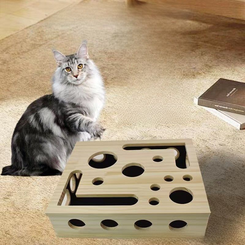 Solid Wood Cat Maze Puzzle Scratching Box