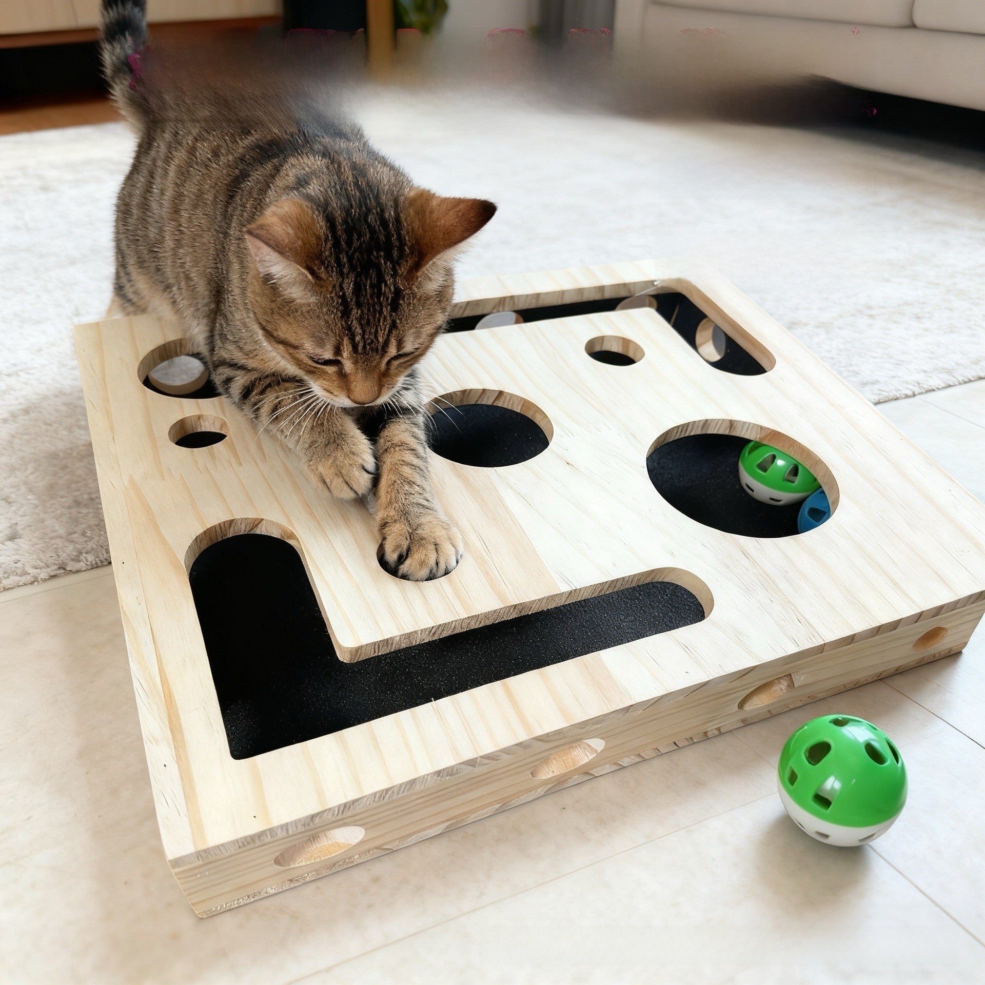 Solid Wood Cat Maze Puzzle Scratching Box