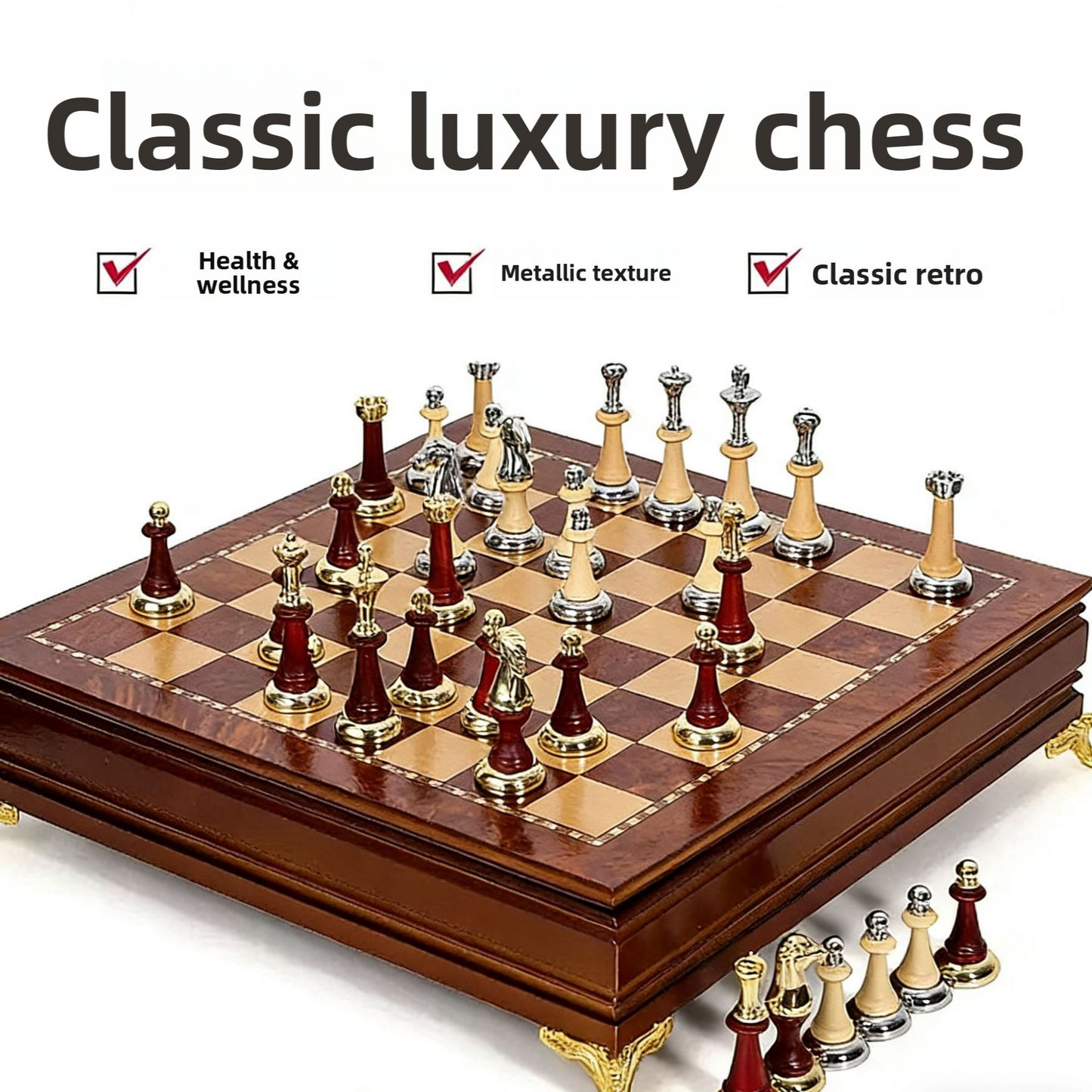 Solid Wood Chess Set with Metal Inlaid Pieces