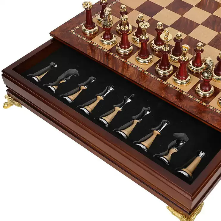 Solid Wood Chess Set with Metal Inlaid Pieces