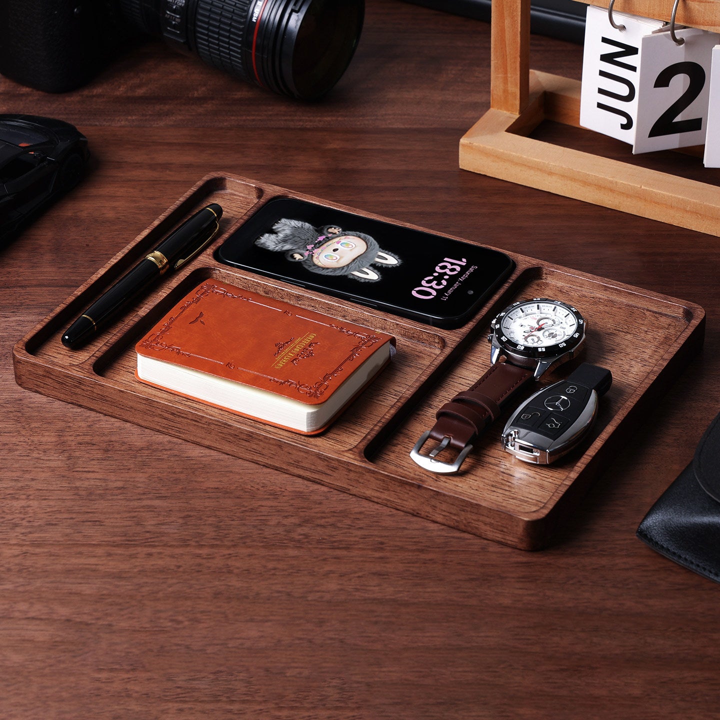 Solid Wood Desktop Organizer Tray with Compartments