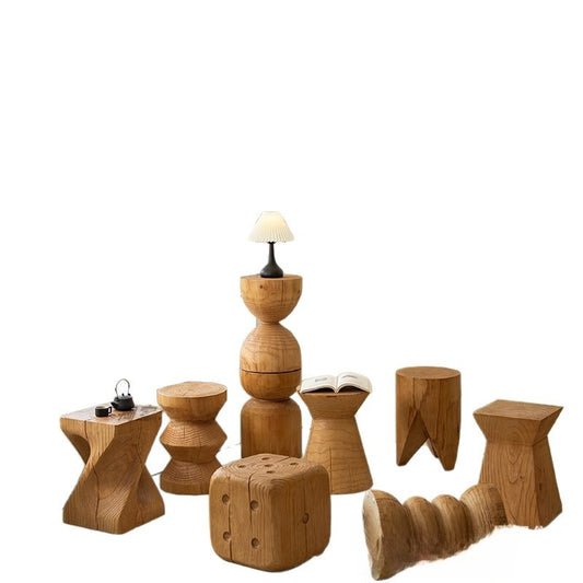 Solid Wood Geometric Stool Side Table