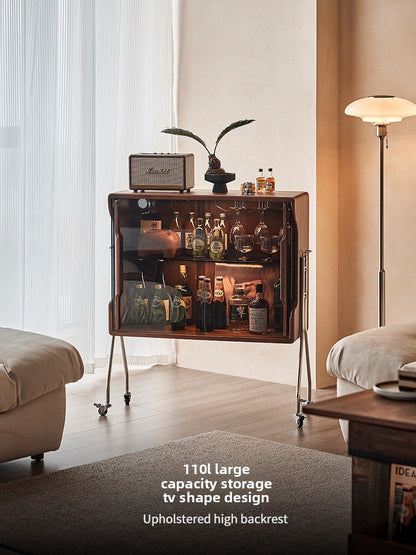 Solid Wood Movable Display Cabinet with Glass Doors