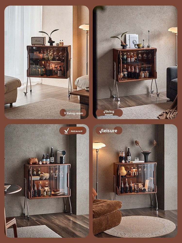 Solid Wood Movable Display Cabinet with Glass Doors