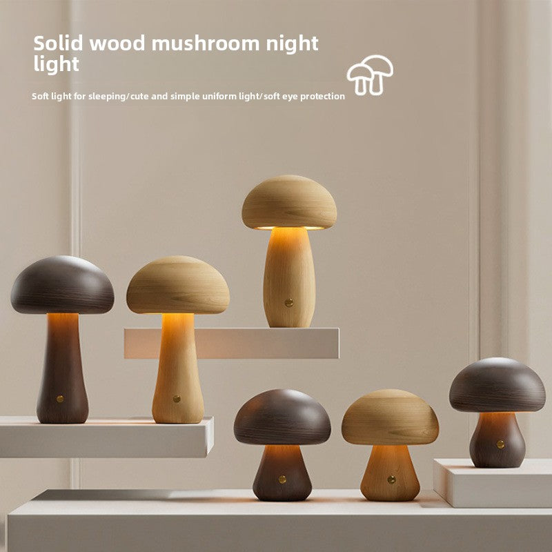 Solid Wood Mushroom Table Lamp with Touch Control