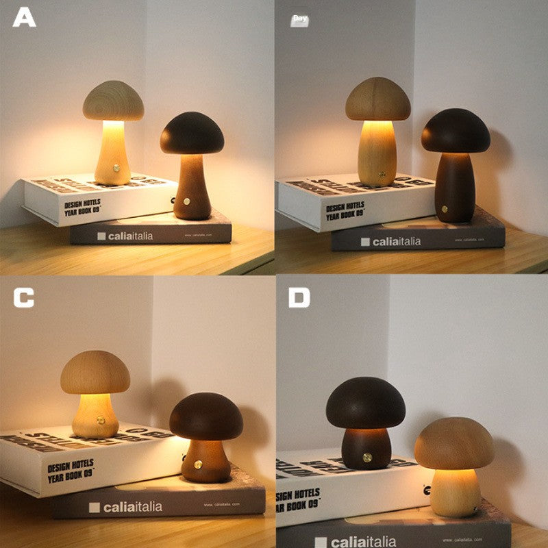 Solid Wood Mushroom Table Lamp with Touch Control