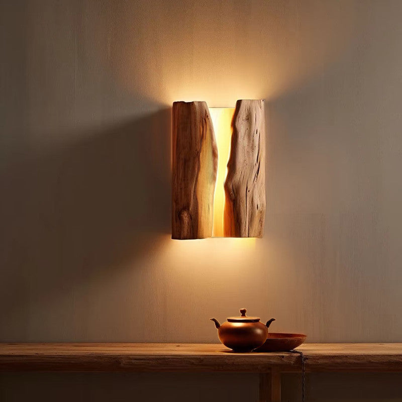 Solid Wood Wabi-Sabi Wall Lamp with Warm LED Lighting