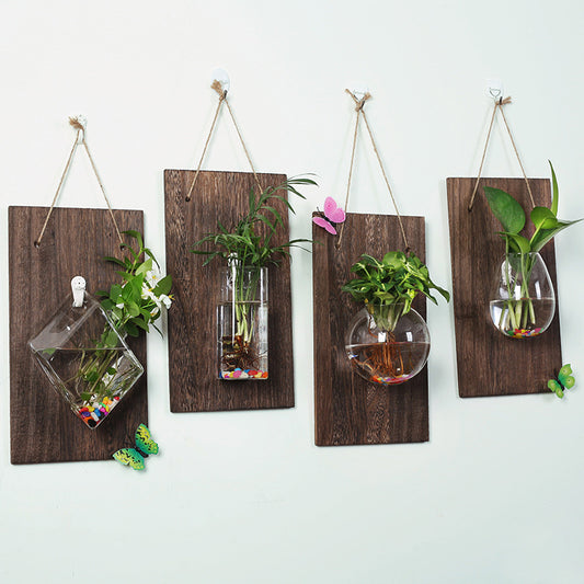 Solid wood wall-mounted glass vase