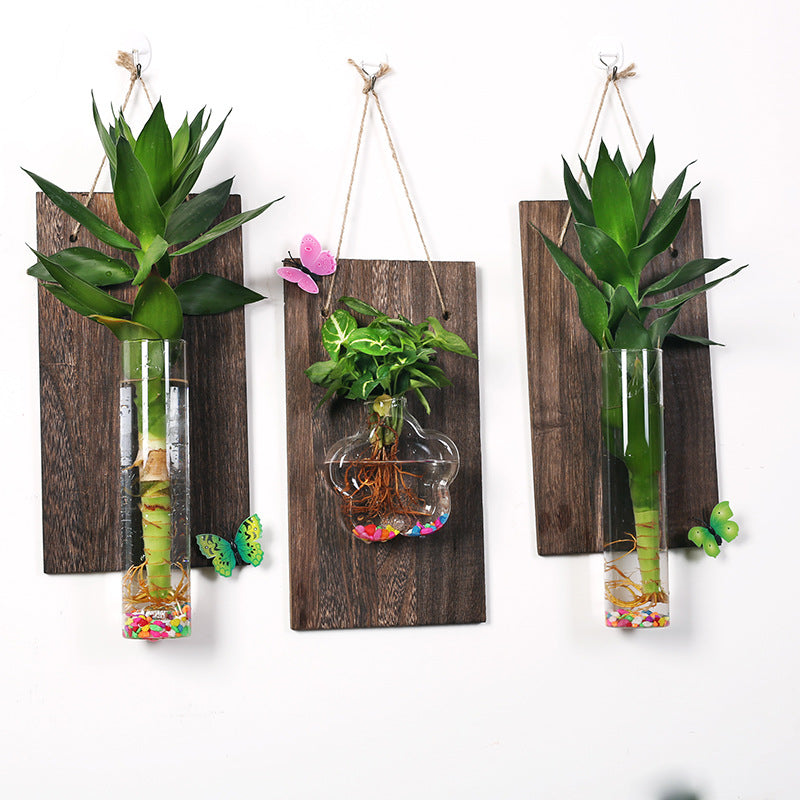 Solid wood wall-mounted glass vase
