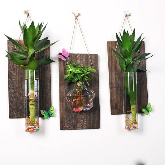 Solid wood wall-mounted glass vase