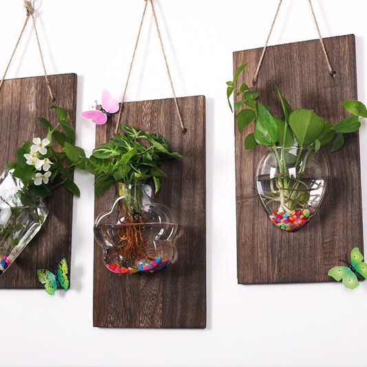 Solid wood wall-mounted glass vase