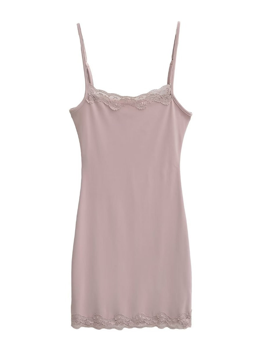 Spaghetti Strap Bodycon Dress with Lace Trim
