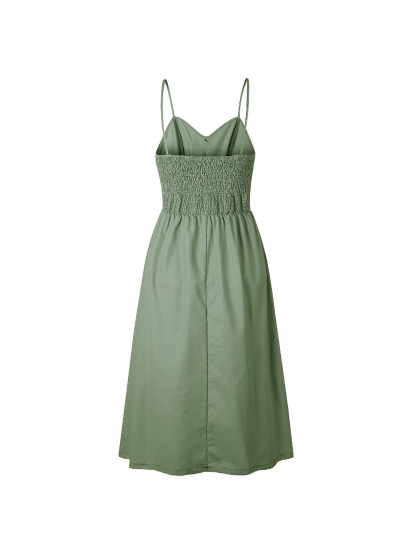 Spaghetti Strap Button Backless Dress