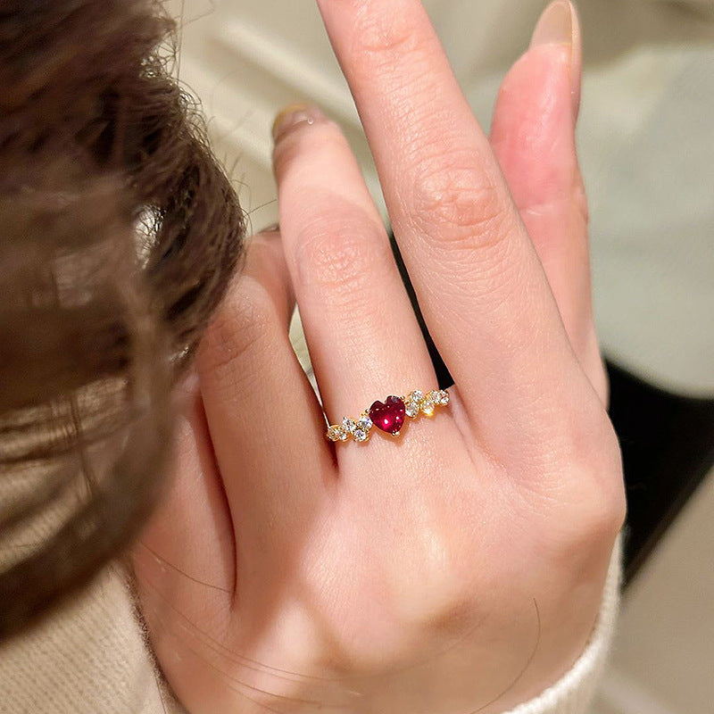 Sparkling Red Diamond Heart Adjustable Ring