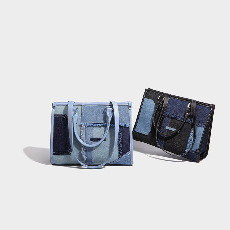 Spliced Denim Tote Bag with Adjustable Strap