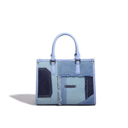 Spliced Denim Tote Bag with Adjustable Strap