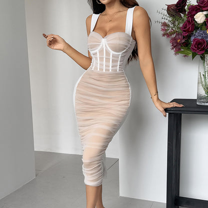Spliced See-Through Mesh Dress with Pleated Slim Fit