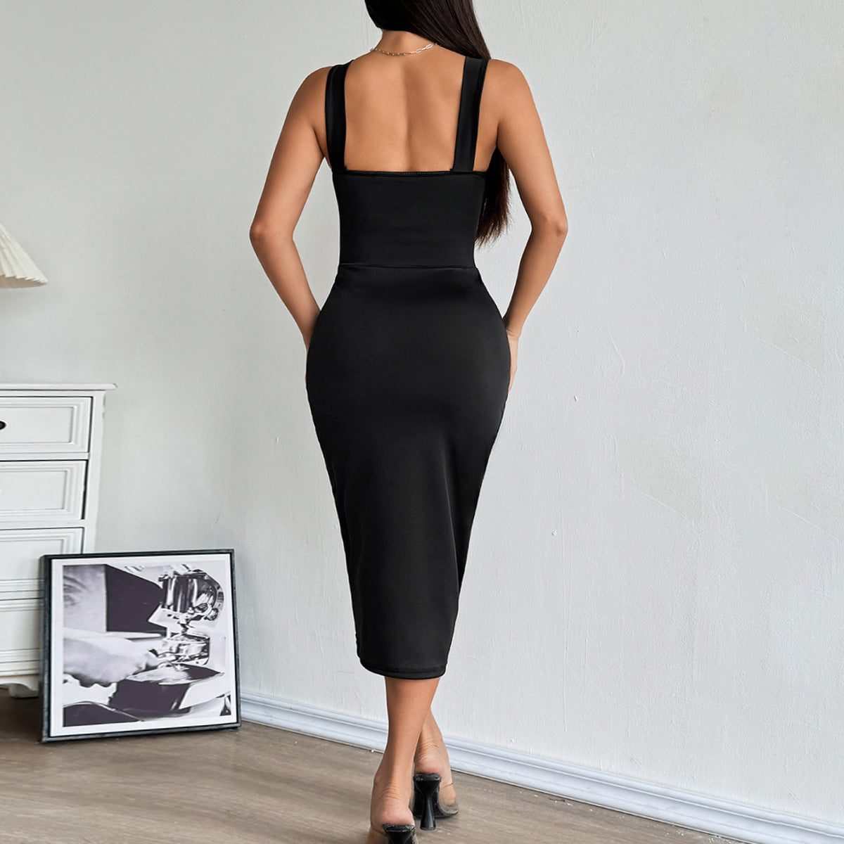 Spliced See-Through Mesh Dress with Pleated Slim Fit