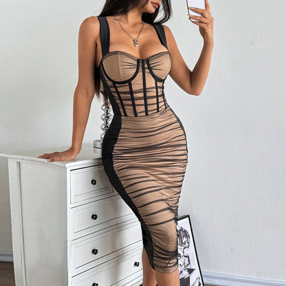 Spliced See-Through Mesh Dress with Pleated Slim Fit