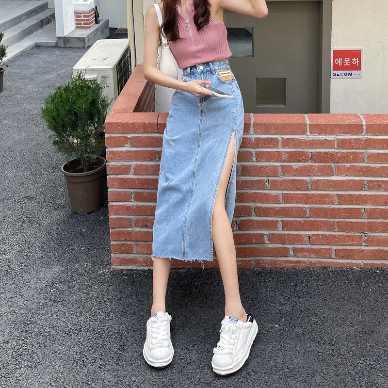 Split denim skirt
