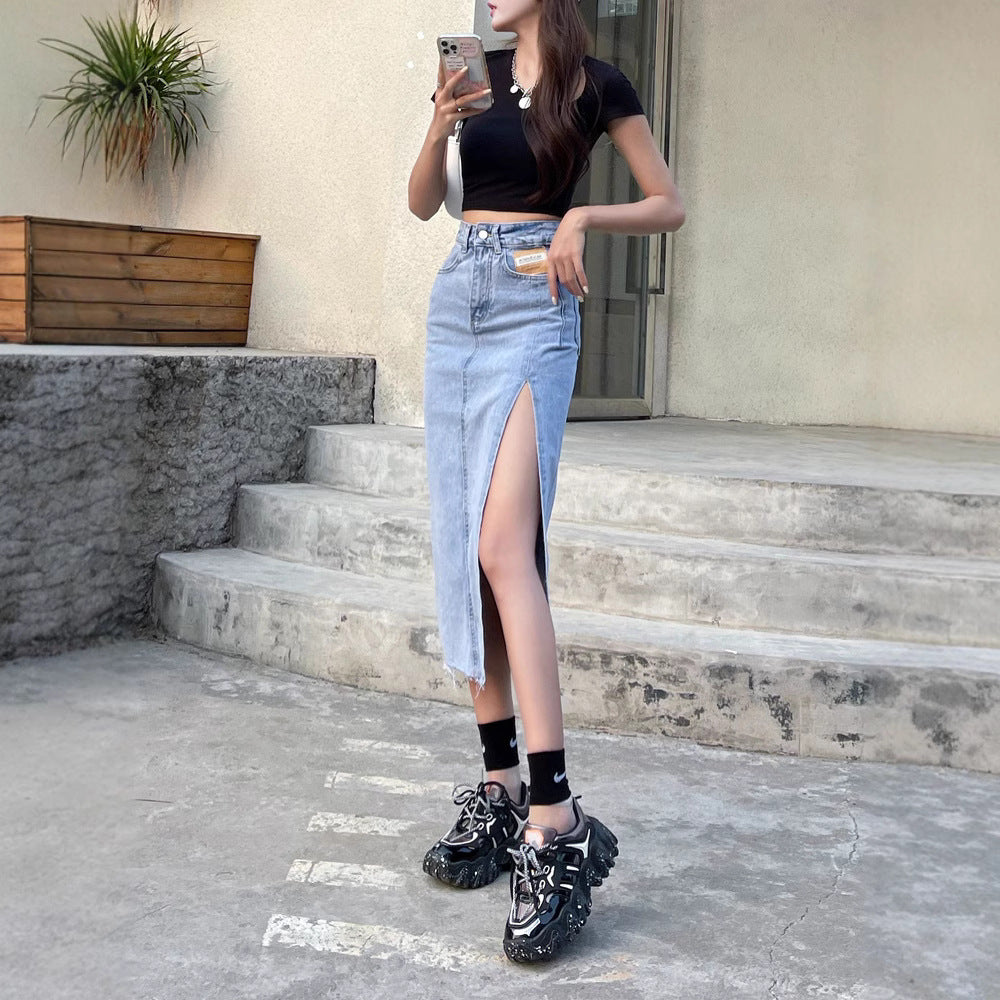 Split denim skirt
