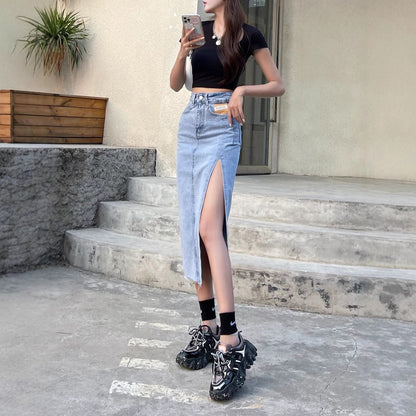 Split denim skirt