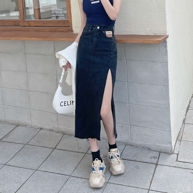 Split denim skirt