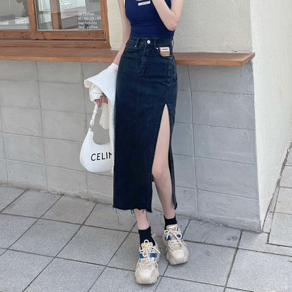 Split denim skirt