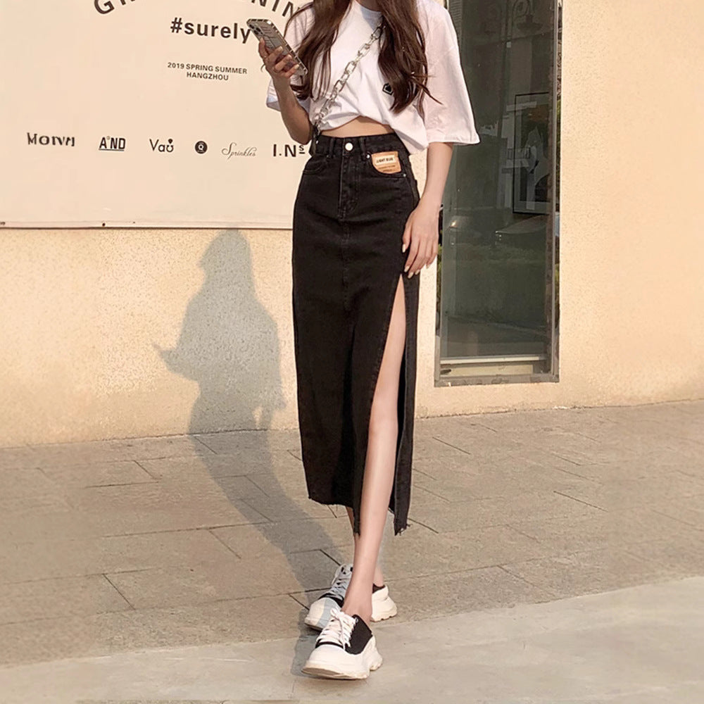 Split denim skirt
