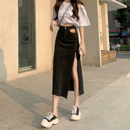 Split denim skirt