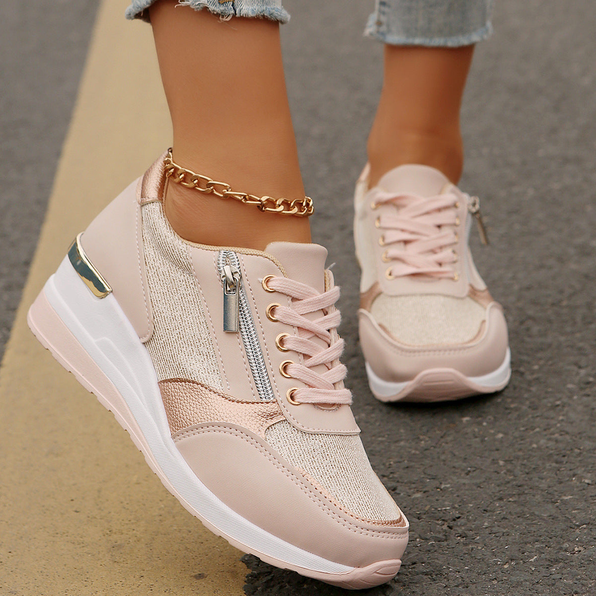 Spring and autumn new foreign trade plus size ladies slope heel Europe and the United States front lace side zipper casual sports shoes wholesale