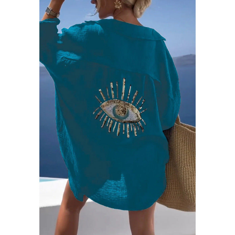 Spring and Summer Lapel Long Sleeve Cotton and Linen Casual Fashion Shirt for Women