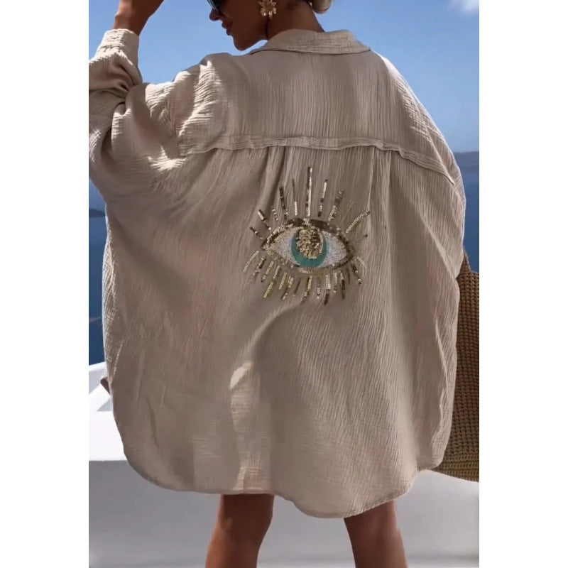 Spring and Summer Lapel Long Sleeve Cotton and Linen Casual Fashion Shirt for Women