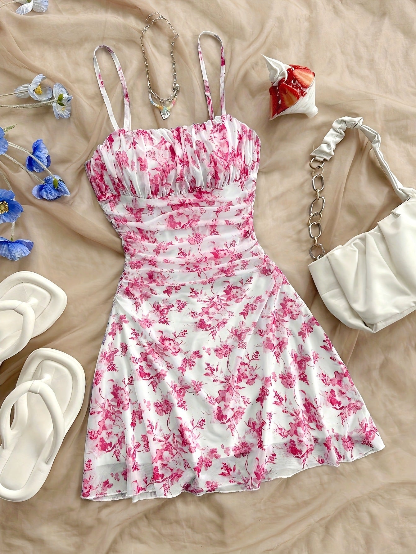 Spring/Summer New French Floral Strapless Dress with Waist-Cinching Design, Perfect for Vacations and Stylishly Sexy