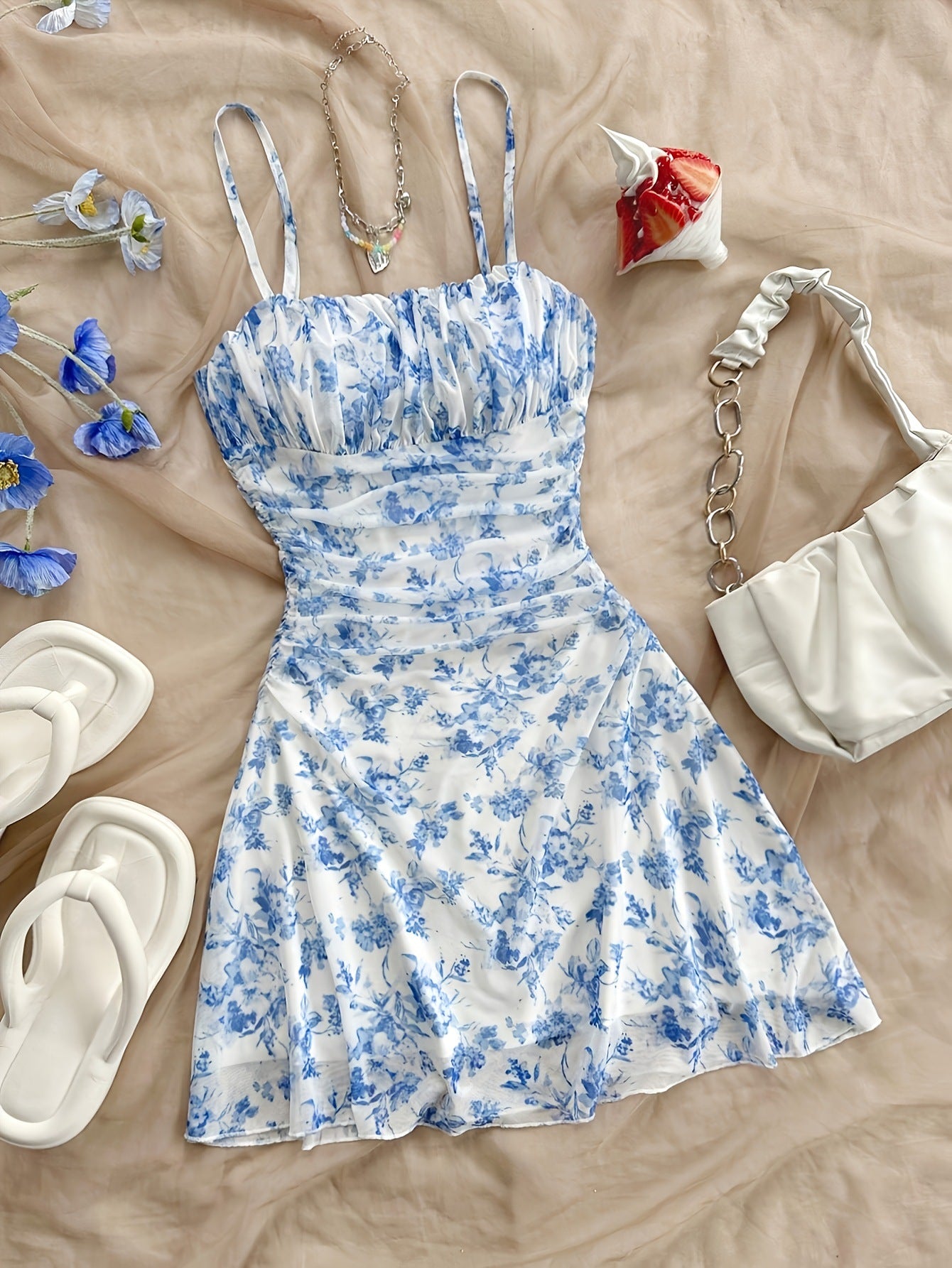Spring/Summer New French Floral Strapless Dress with Waist-Cinching Design, Perfect for Vacations and Stylishly Sexy