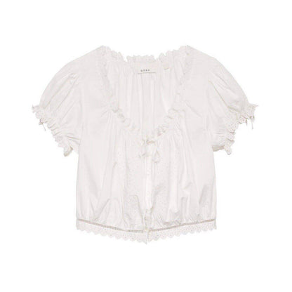 Square Collar Embroidered Cutout Cuffs Short-Sleeved Shirt Top for Women