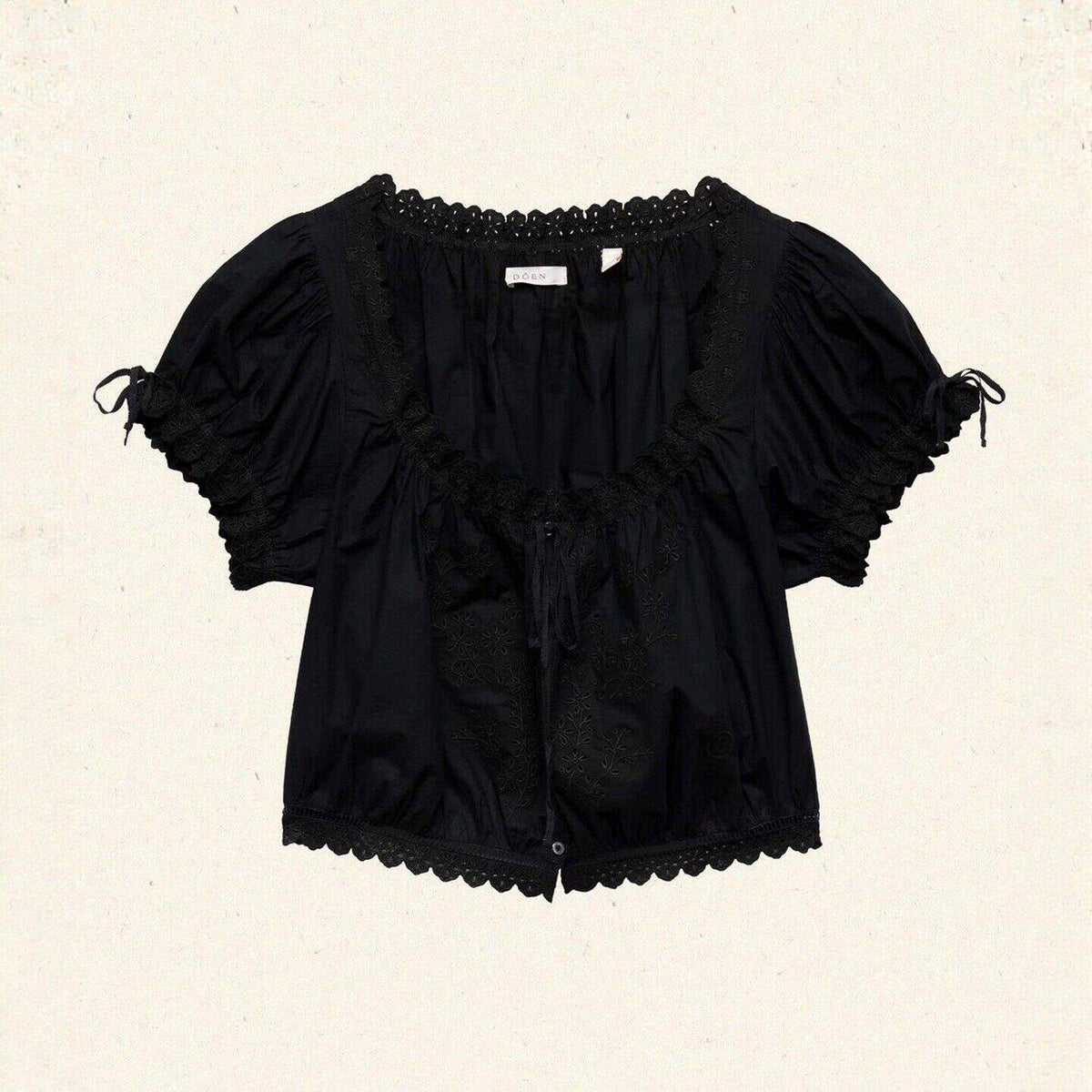 Square Collar Embroidered Cutout Cuffs Short-Sleeved Shirt Top for Women
