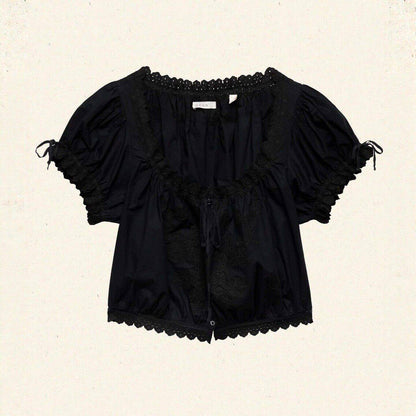 Square Collar Embroidered Cutout Cuffs Short-Sleeved Shirt Top for Women