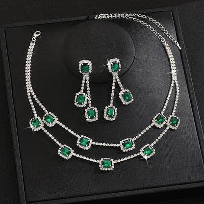 Square Double-layer Necklace and Tassel Earrings Jewelry Set