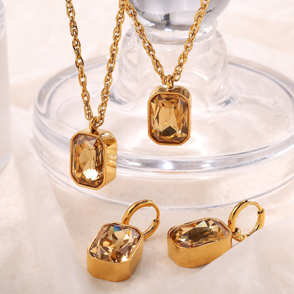 Square Glass Stone Pendant Earrings Necklace Set