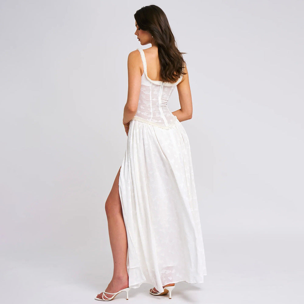 Square Neck Backless High Slit Long Dress
