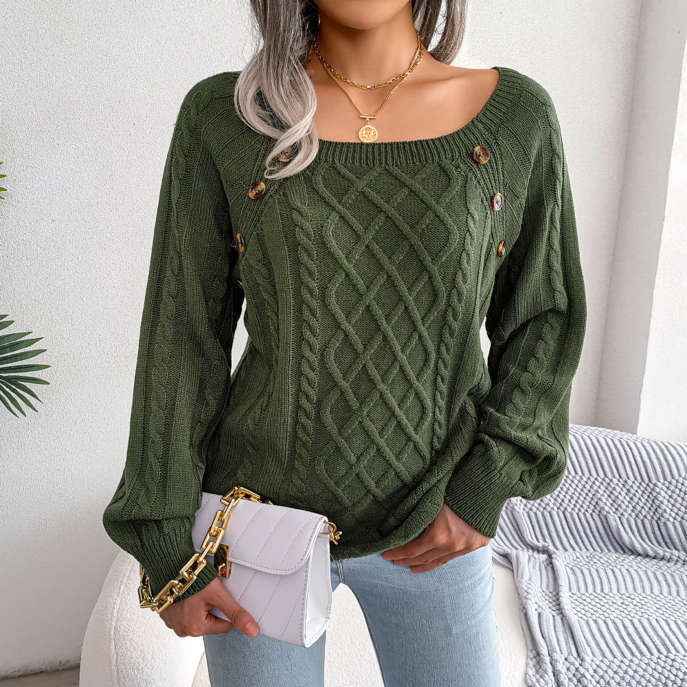 Square Neck Cable Knit Pullover Sweater