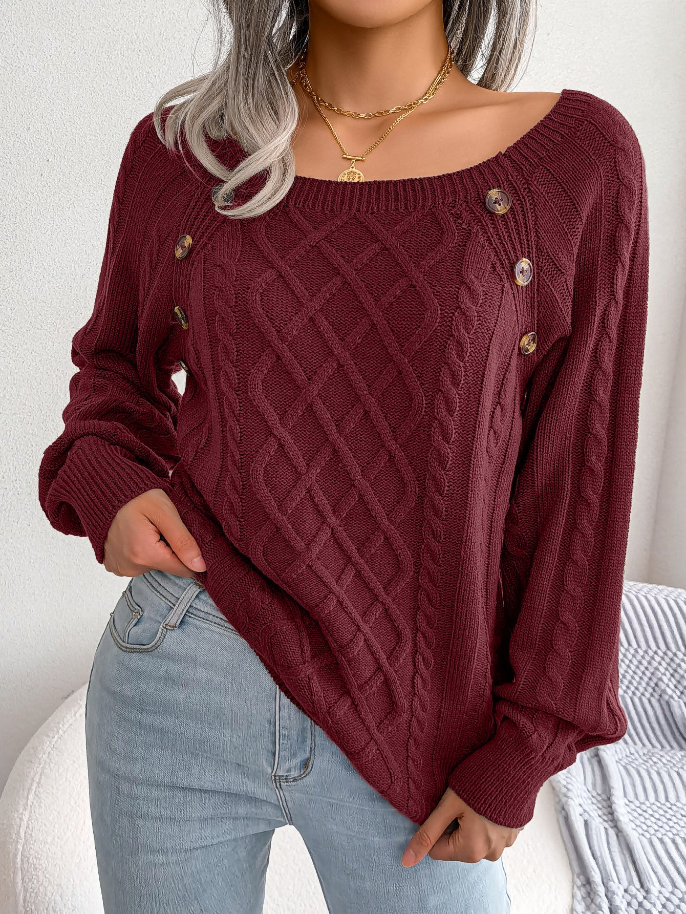 Square Neck Cable Knit Pullover Sweater
