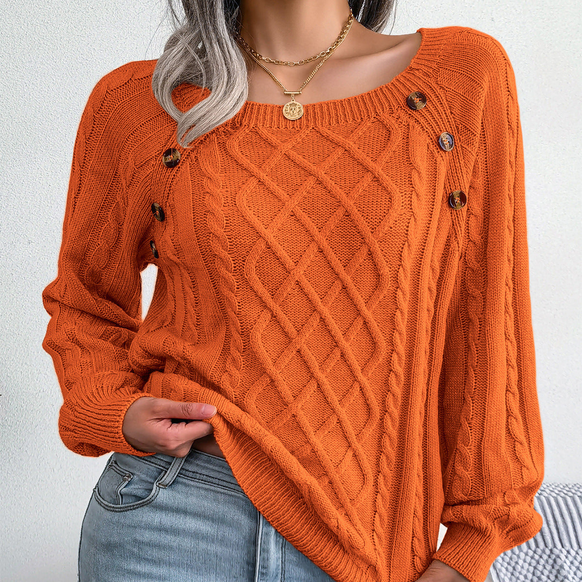 Square Neck Cable Knit Pullover Sweater
